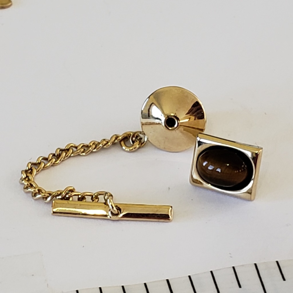 Yellow Gold tone Oval Smokey Quartz Tie Tac